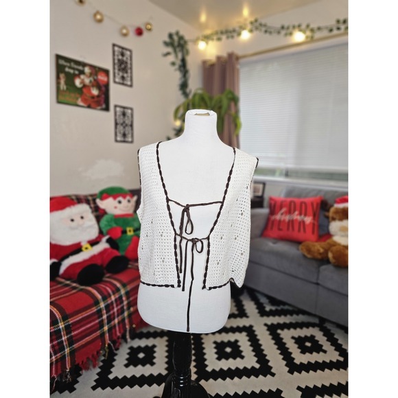 HIPPIE MADDEN GIRL Cream Crochet Vest Womens L Sleeveless Cardigan Hippie - Picture 2 of 6